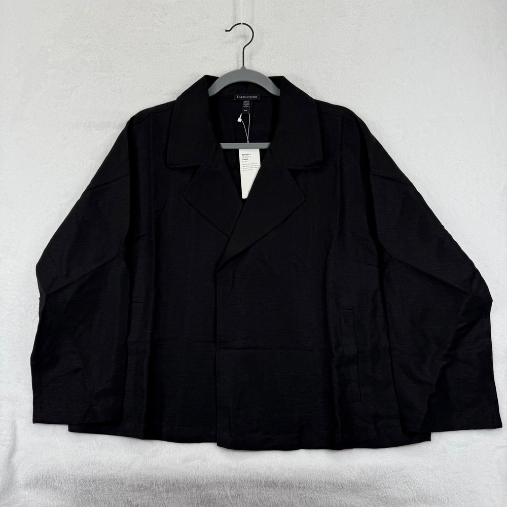 Eileen Fisher Black Tencel Organic‎ Linen Slub Double Breasted Jacket M/M
